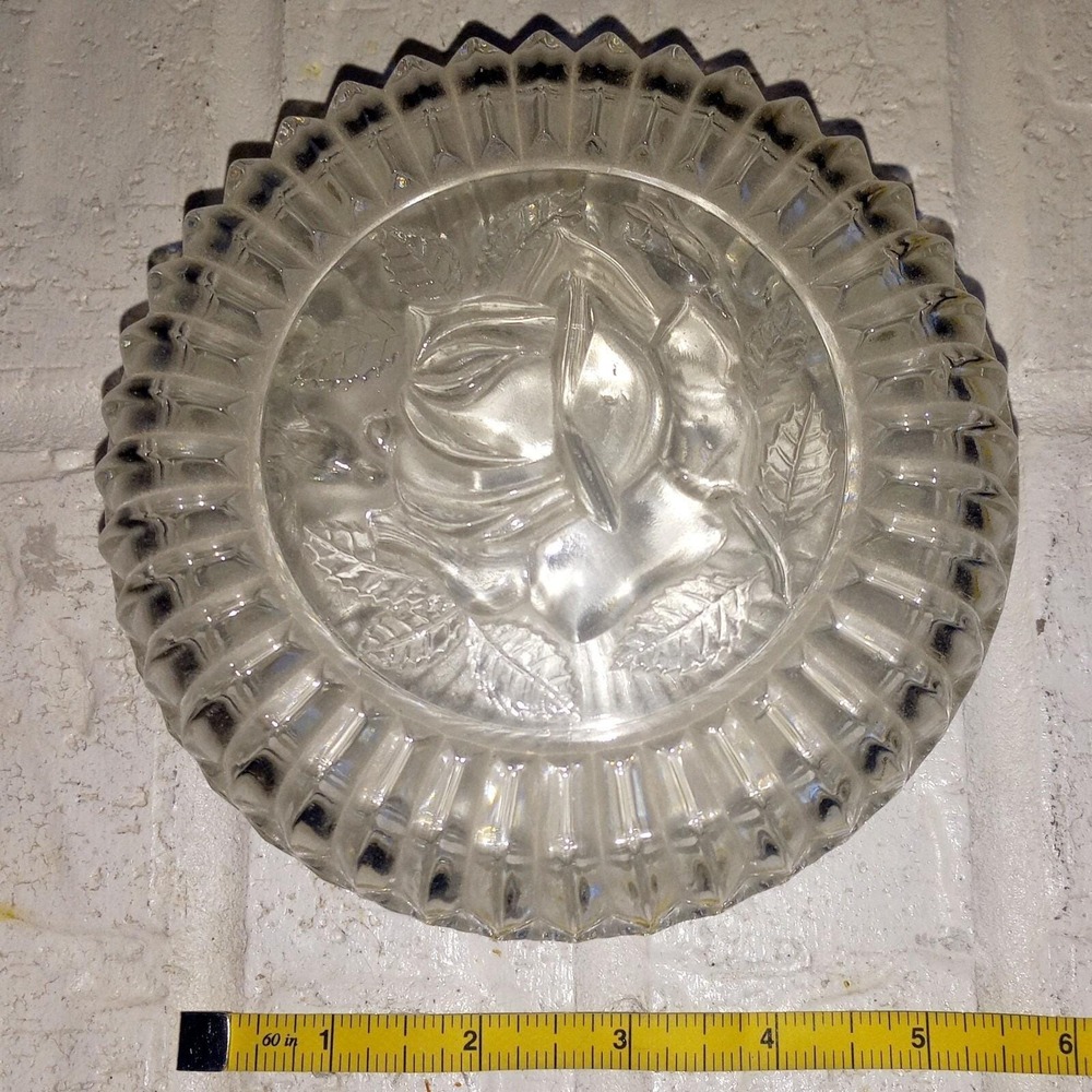 Clear Glass Rose Embossed Powder Dish Vintage Decorative Lid Base